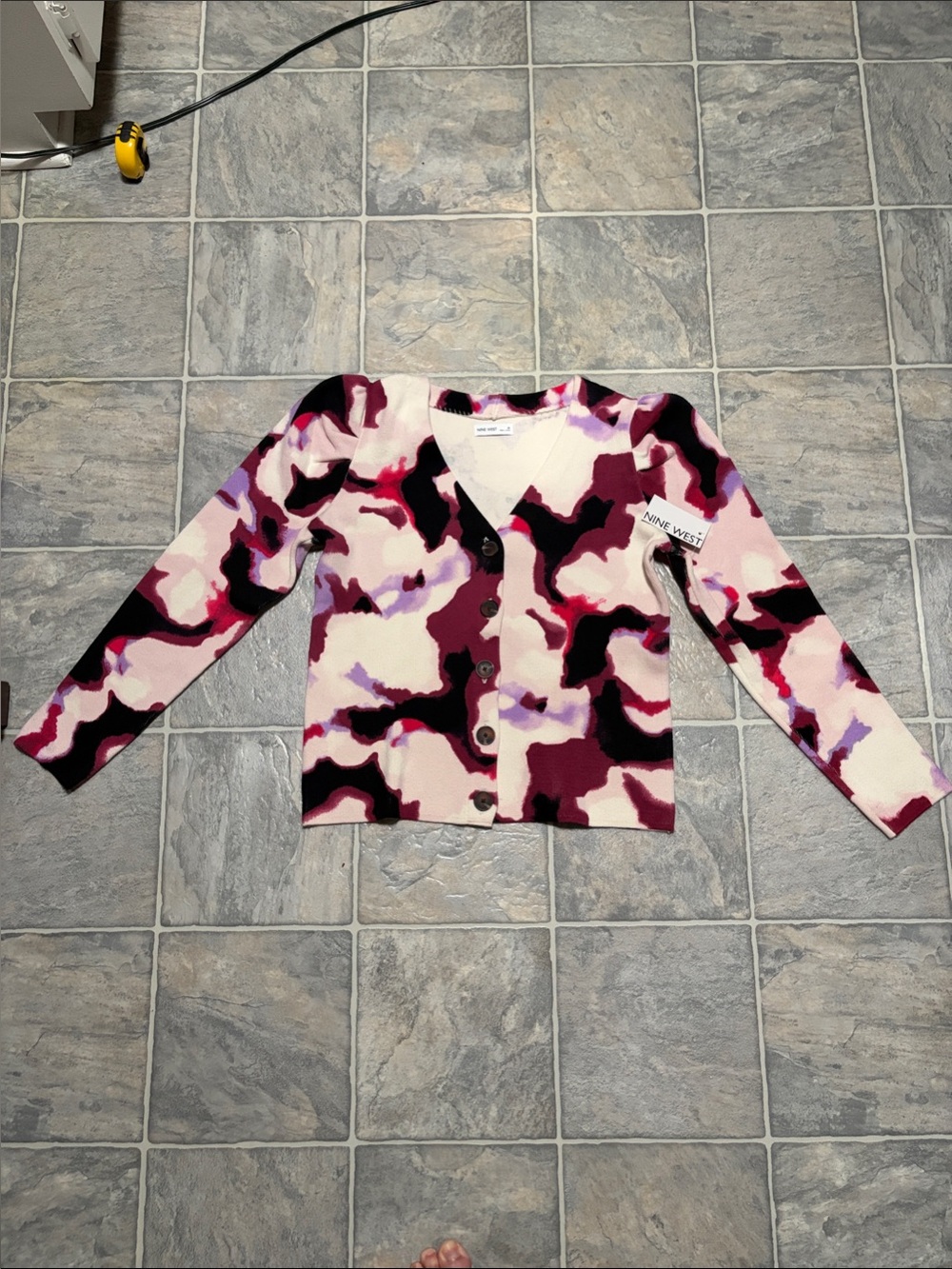 Nine West Pink Burgundy Black Abstract V-Neck Cardigan